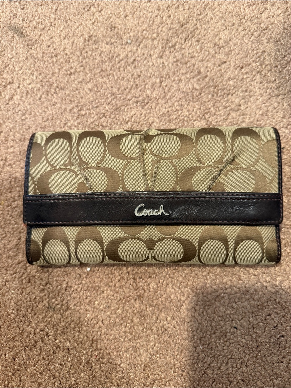 Coach Khaki Signature Canvas Wallet with Chestnut Trim